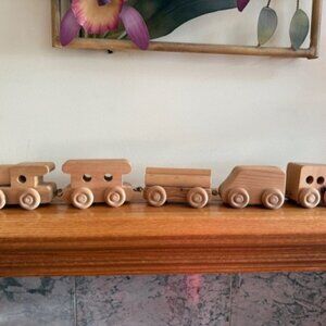 Vtg Handmade Solid Wooden Toy Train Set of 5 Pieces Natural 21" Long